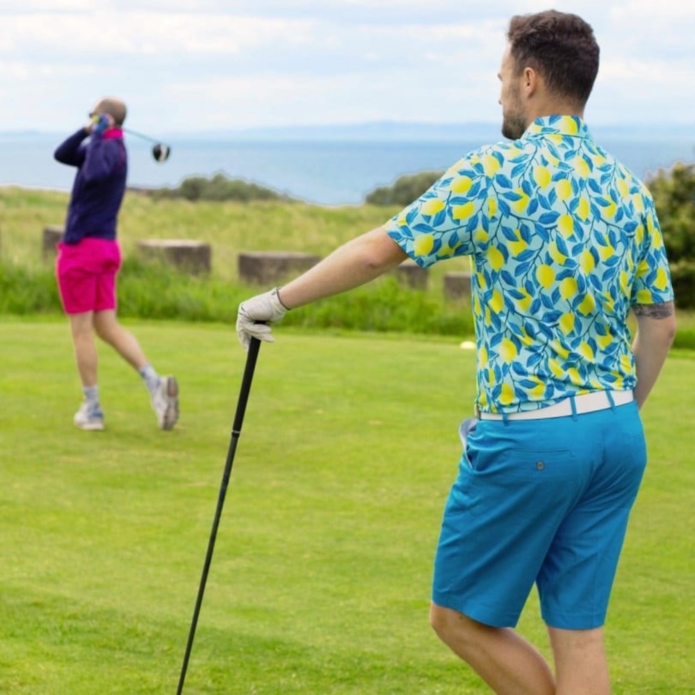 Royal & Awesome Mens Golf Polo Shirt Medium Lemon Print Blue Yellow WD22294